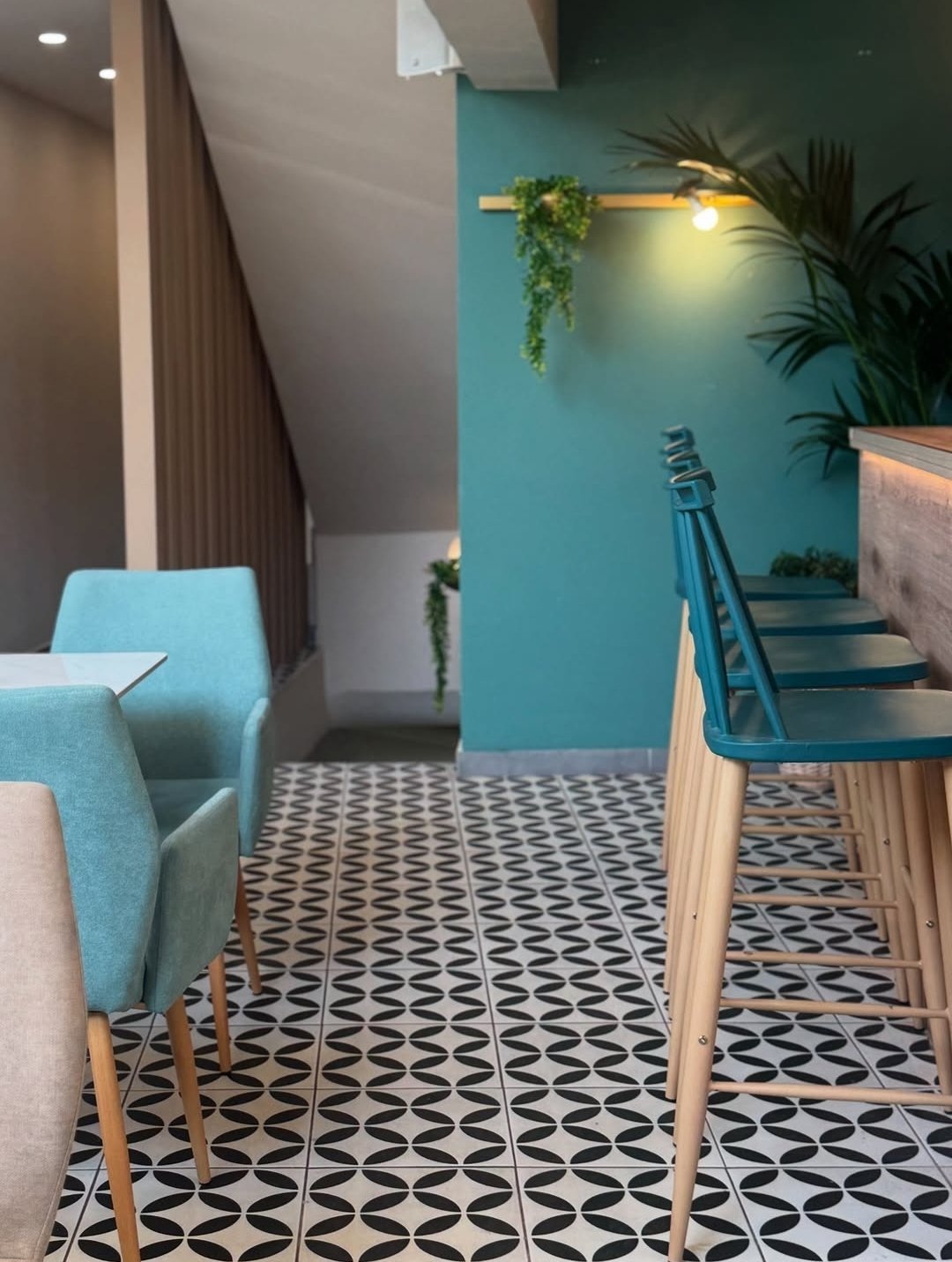Modern interior with turquoise accent wall, geometric tile flooring, light blue chair, wooden dining chairs, and potted plants